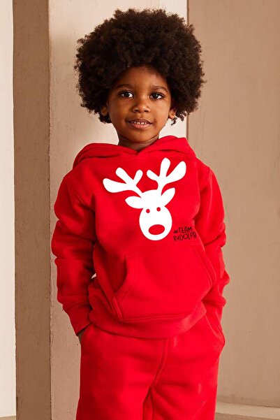 Buğraterzimoda Noel Yılbaşı Aile Kombini Geyik Baskılı Kapüşonlu Kanguru Cepli Kırmızı Sweatshirt (tek Fiyatıdır)