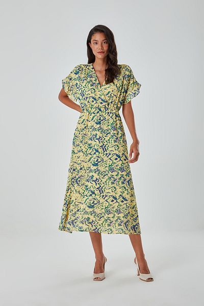 Mizalle Colorful Patterned Short Sleeve Yellow Dress