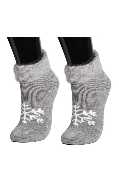 ÇORAPEVİ Women's Gray Snow Pattern Ribbed Thermal Booties Socks