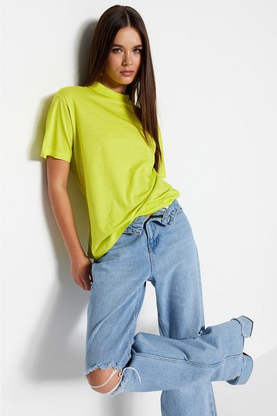 Trendyol Collection Olejově zelená 100% bavlna Základní stojáček Pletené tričko TWOAW20TS0096