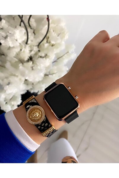 ÇENÇEN Siyah Rose Bay &bayan Çelik Dijital Led Hasır Kordon Dijital Yeni Mode...