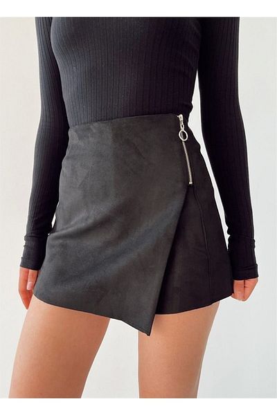 alita butik Pantaloni scurti din piele intoarsa cu fermoar Fusta neagra