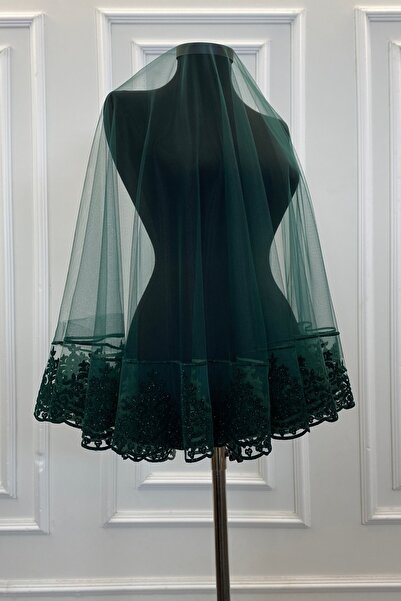 ZEYMERADE طقم حجاب زفاف فضي أخضر زمردي، غطاء حجاب الحناء