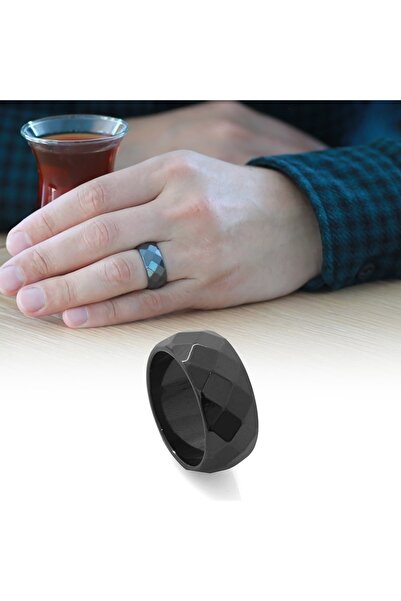 Tesbihane Metalik Gri Renkli Faset Kesim Hematit Doğaltaş Erkek Yüzük (18 Ölçü)