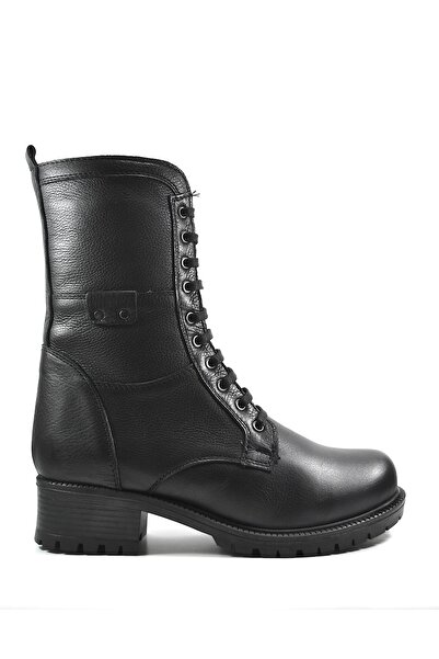 Onlo Ayakkabı Kny.12 Hakiki Deri Siyah Bağlı Uzun Kadın Postal Bot