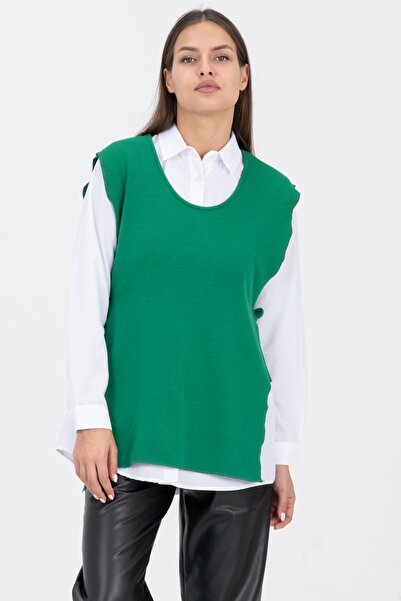 Barkaist Kadın Yeşil Yandan Bağlamalı Düz Süveter Basic Gömlek Takım