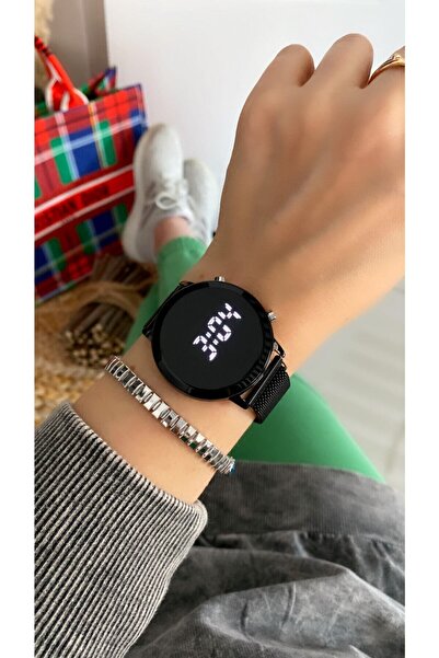 ÇENÇEN Unısex Siyah Çelik Kasa Mıknatıs Kordon Dijital Kol Saati