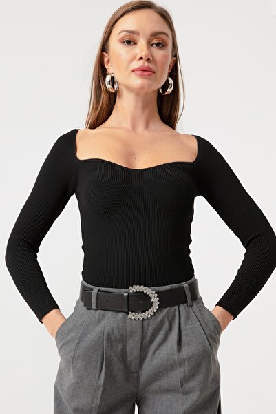 Lafaba Pulover de damă, negru, cu gât cu inimă, cu nervuri