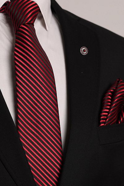 Esgue 7.5 cm Red Tie & Handkerchief & Stoned Badge Boxed Set