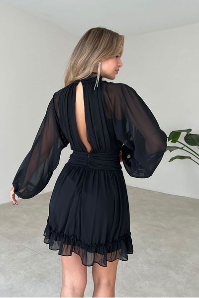 lovebox Gefütterter Chiffonstoff, tiefer Rückenausschnitt, langärmliges schwarzes Abendkleid 066
