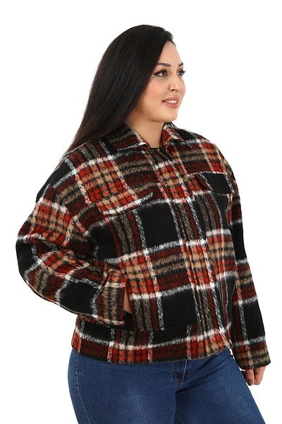 DISENTIS MODEST Stamped Short Black Coat - Plus Size, Shirt Collar, Zippered and Lined