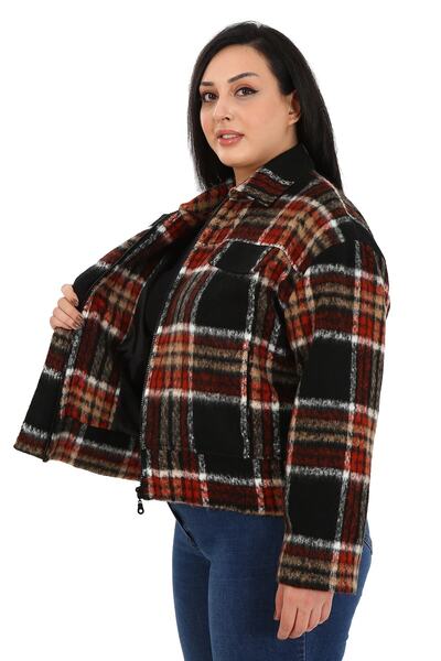 DISENTIS MODEST Stamped Short Black Coat - Plus Size, Shirt Collar, Zippered and Lined