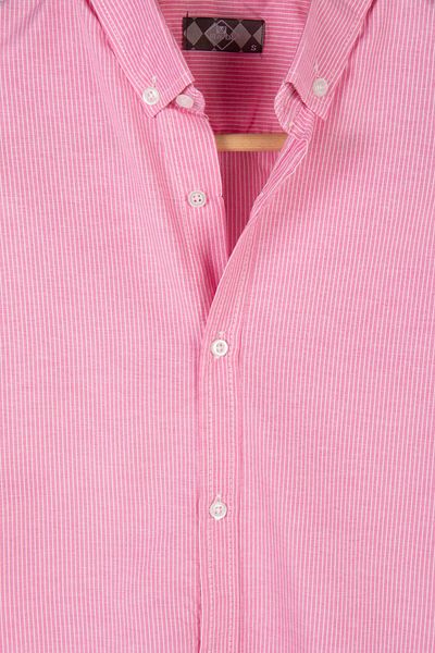 VEAVEN Men's Pink Thick Vertical Striped Long Sleeve Button Collar Slim Fit Shirt