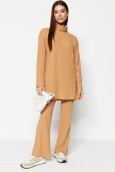 Trendyol Modest Camel Turtleneck Tunic-Pants Knitted Set TCTAW23US00126