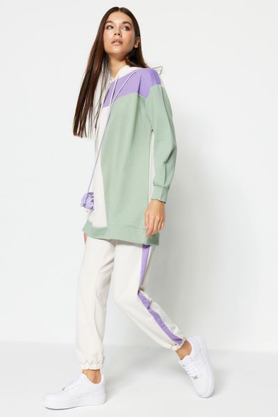 Girls Graphic Color Block Zip Up Hoodie and Joggers Set - Mauve