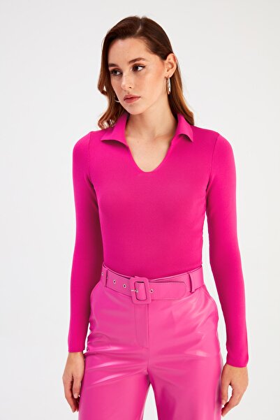 Sateen Tricotaj cu gât polo - fucsia