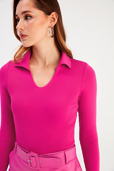 Sateen Tricotaj cu gât polo - fucsia