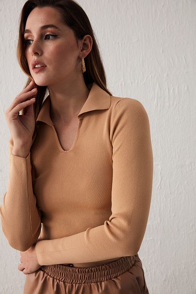 Sateen Polo Neck Knitwear - Biscuit