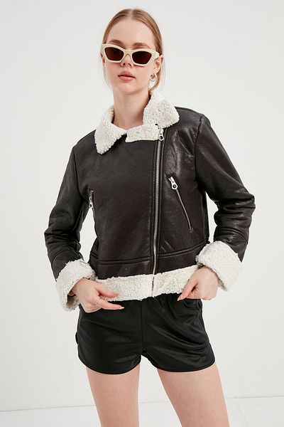 MEECY Schwarzer Pelzmantel aus Leder für Damen