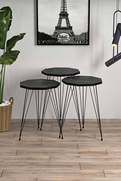 EGEMODÜLER Çokgen Siyah Mermer Desenli Siyah Metal Ayaklı Siyah Detaylı 3lü Ç...