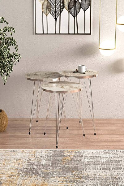 EGEMODÜLER Egemoduler Beyaz Mermer Desenli Gümüş Metal Ayaklı Gümüş Detaylı 3...