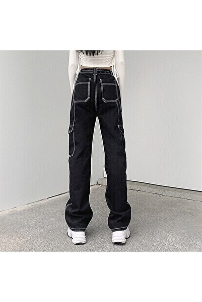 LİMABEL Women's High Waist White Stitched Black Cargo Pocket Jeans Cargo Pocket Denim Trousers