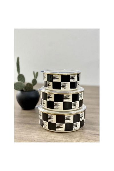 ACAR Kitchen Beyond Checkerboard Pattern Black-cream Enamel 3-Piece Storage Container Xap-21-0517/12