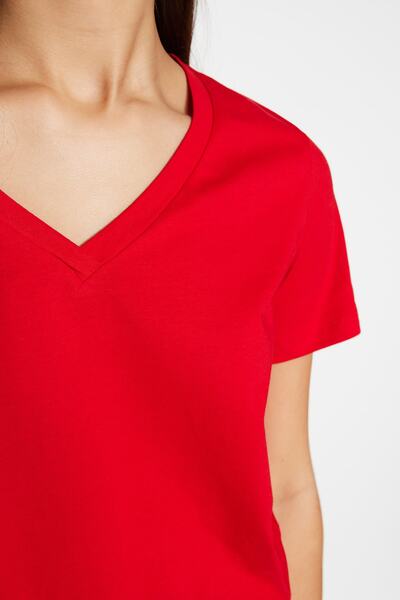 Trendyol Collection Κόκκινο 100% βαμβακερό Basic V-Neck Πλεκτό T-Shirt