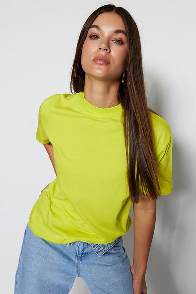 Trendyol Collection Olejově zelená 100% bavlna Základní stojáček Pletené tričko TWOAW20TS0096
