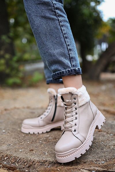 LEYDİ SHOES Emy-01 Nud Fur Δερμάτινες Μπότες