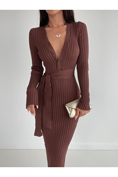 Lyuba Γυναικείο μακρύ φόρεμα με γιακά με κουμπιά Bitter Brown