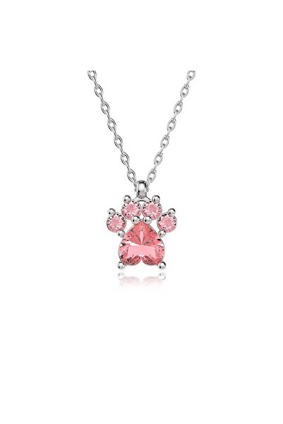 İNDİGO TAKI Pembe Taşlı Kedi Patisi Beyaz Gümüş Kolye