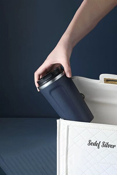 SEDEF SİLVER طبقة مزدوجة بدون استخدام اليدين 380 مل كوب صغير من الفولاذ المقا...