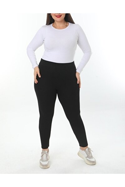 Swana Kadın Çelik Tayt Büyük Beden Yüksek Bel Battal Çelik Örme Siyah