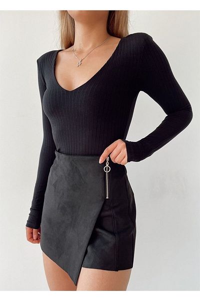 alita butik Pantaloni scurti din piele intoarsa cu fermoar Fusta neagra