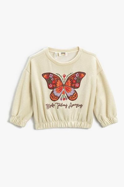 Koton Girl's Butterfly Embroidered Ribbed Round Neck Crop Sweatshirt 3wkg10208ak