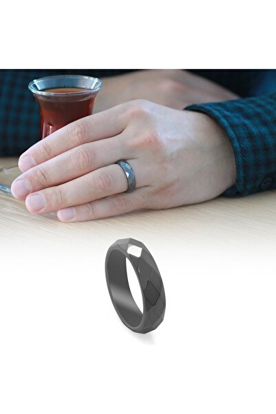 Tesbihane Metalik Gri Renkli Faset Kesim Ince Hematit Doğaltaş Erkek Yüzük (14 Ölçü)