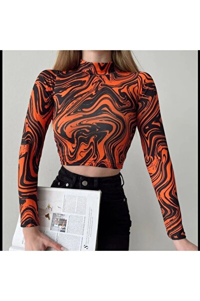 By Gecce Balıkçı Yaka Alaca Baskılı Crop Bluz