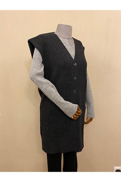 TEK Winter Wool Long Plus Size Mother Knitwear Wool Vest / Anthracite