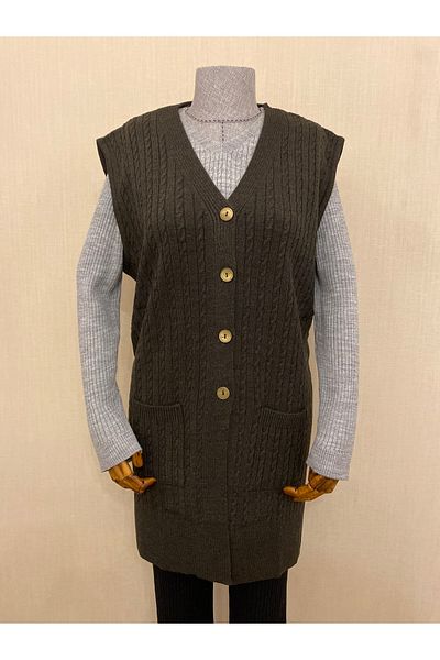 TEK Winter Wool Long Plus Size Mother Knitwear Wool Vest / Brown
