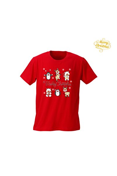 HediyeMania Merry Christmas New Year's Special Printed Red T-Shirt Adult And Children T-Shirt From 4-5 Years