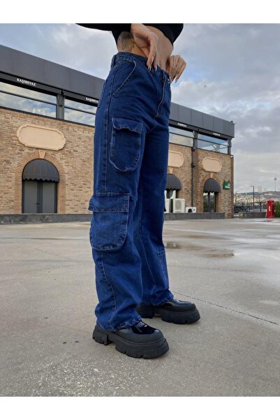 Gofeel Unisex Körüklü Extra Koyu Mavi Kargo Cepli Bol Kalıp Baggy Pantolon