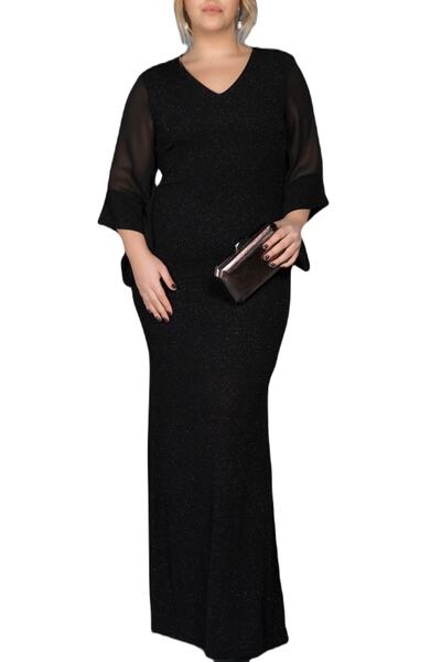 Arden Büyük Beden Siyah Uzun Abiye Elbise, Simli, Şifon Kol Balık, V Yaka, Ba...