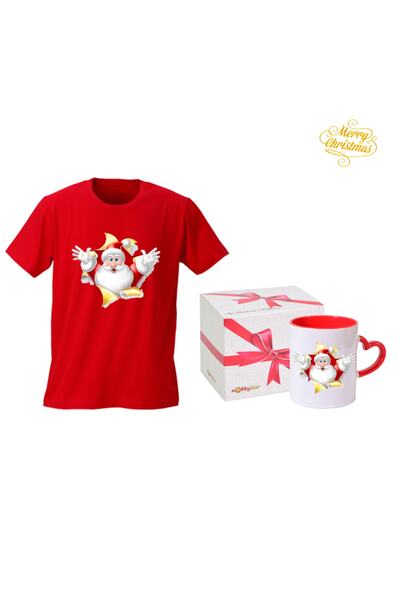 HediyeMania Set cadou de Anul Nou, tricou roșu și cană cu mâner în formă de inimă roșie, special de Crăciun, Moș Crăciun cu imprimeu