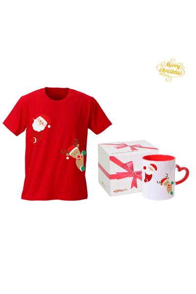 HediyeMania Moș Crăciun cu imprimeu Tricou roșu special de Anul Nou și cană cu mâner în formă de inimă roșie Cadou de Anul Nou