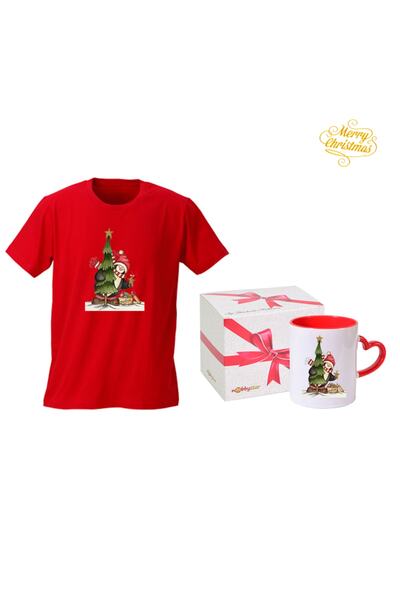 HediyeMania Tricou roșu special de Crăciun cu imprimeu și cană cu mâner în formă de inimă roșie Cadou de Anul Nou