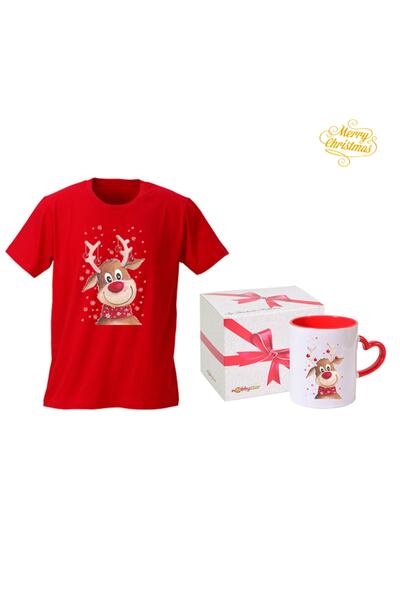 HediyeMania Tricou roșu imprimat cu design special de Anul Nou și cană cu inimă roșie cu mâner Pachet cadou de Anul Nou
