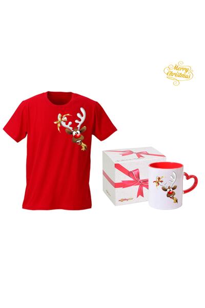 HediyeMania Set cadou de Anul Nou cu tricou roșu cu design special de Anul Nou cu imprimeu și cană cu mâner în formă de inimă roșie