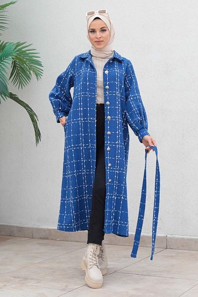 Modamihram Buttoned Cashmere Coat Blue 19600