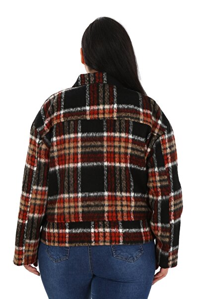 DISENTIS MODEST Stamped Short Black Coat - Plus Size, Shirt Collar, Zippered and Lined